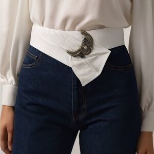 Vintage 80s Stefanie Kushner White Leather Belt Jeweled Feather Buckle Size S